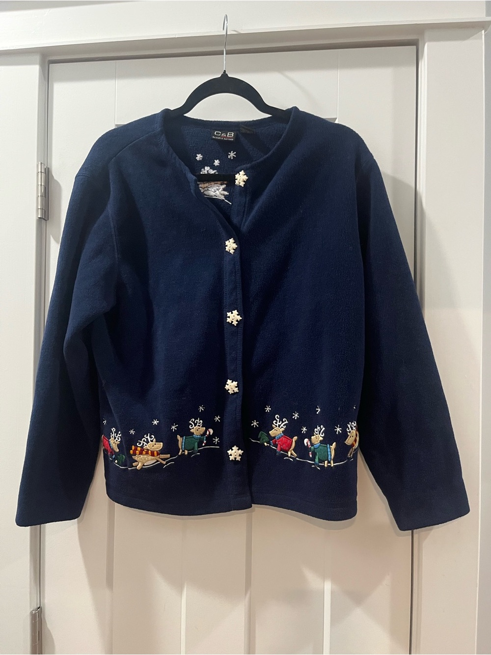 Vintage 90s C&B Sport Navy Fleece Snowflake Buttons Santa Reindeer Size Medium
